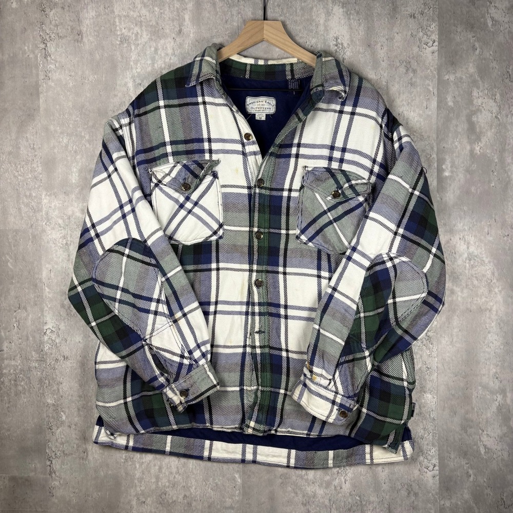 American Eagle Vintage Quilted Lined Flannel Jacket Plaid Green Blue Mens M
